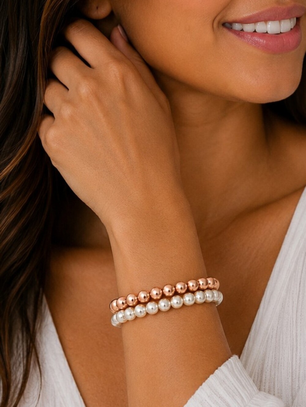 💎 2Pc Faux Pearl Stretch Bracelet Set White Rose Gold Beaded Stackable Bracelet